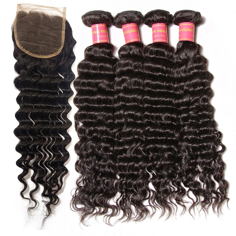 Deep Wave Idolra Virgin Hair Weave 4 Bundles With Closure 12in-26in Virgin Hair With 10in-20in Lace Closure